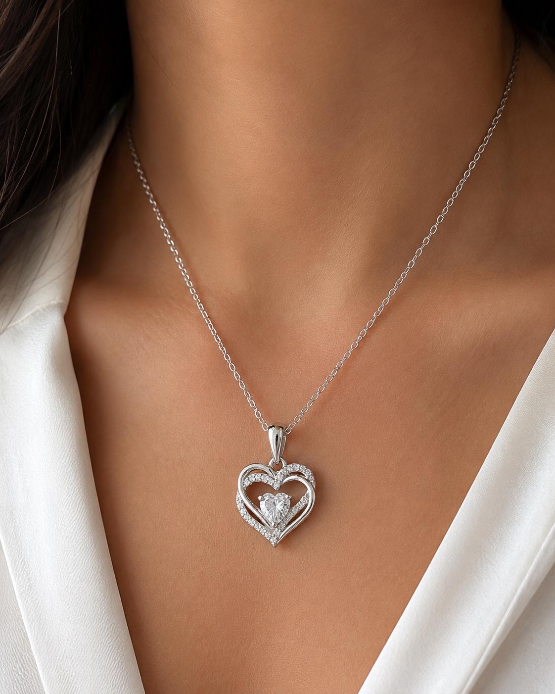 Heart Moissanite Pendant | Double Heart Halo Sterling Silver Necklace | Romantic Christmas Gift