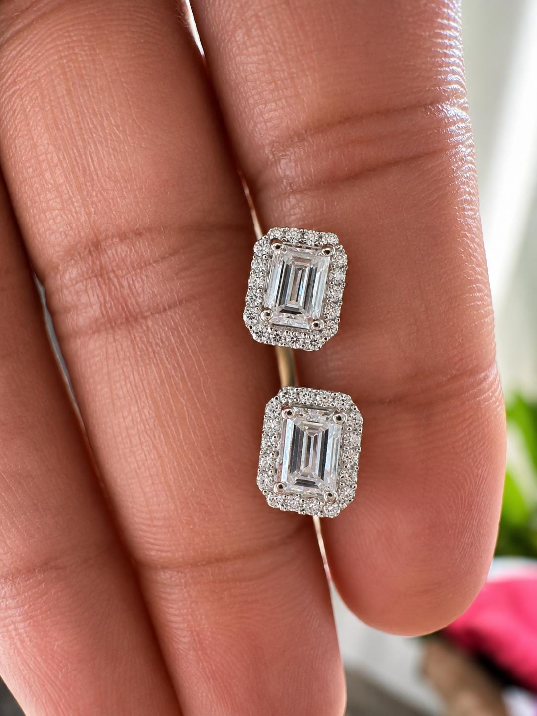Emerald Cut Moissanite Halo Stud Earrings | 14K White Gold 2.5 CT Bridal Wedding Gift