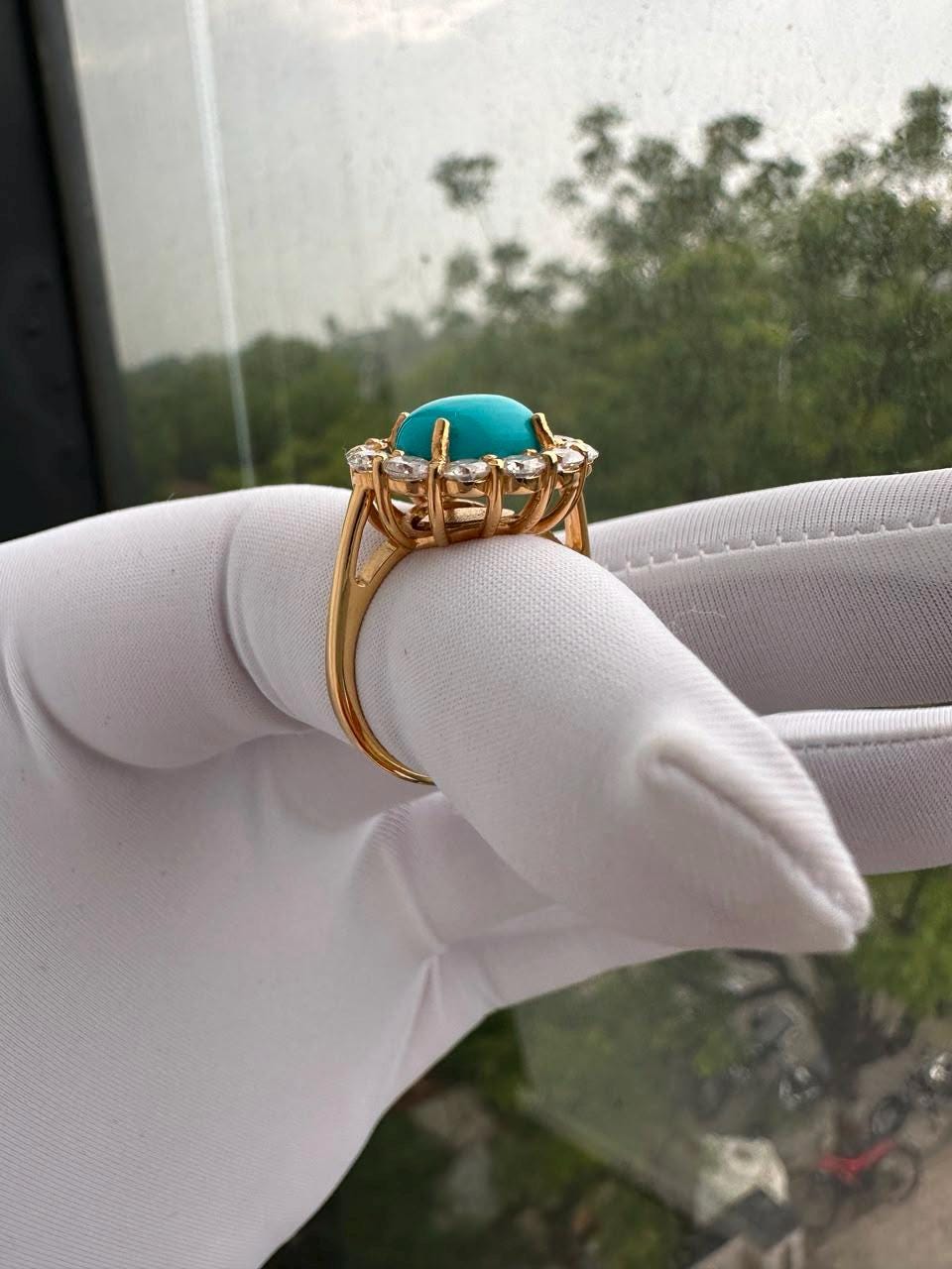 Natural Oval Turquoise Engagement Ring, 14k Yellow Gold, Moissanite Halo Accents
