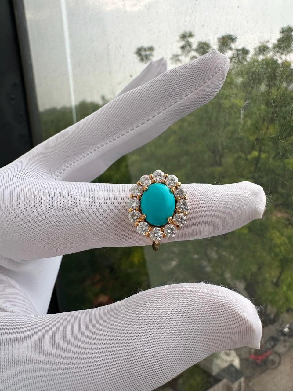 Natural Oval Turquoise Engagement Ring, 14k Yellow Gold, Moissanite Halo Accents