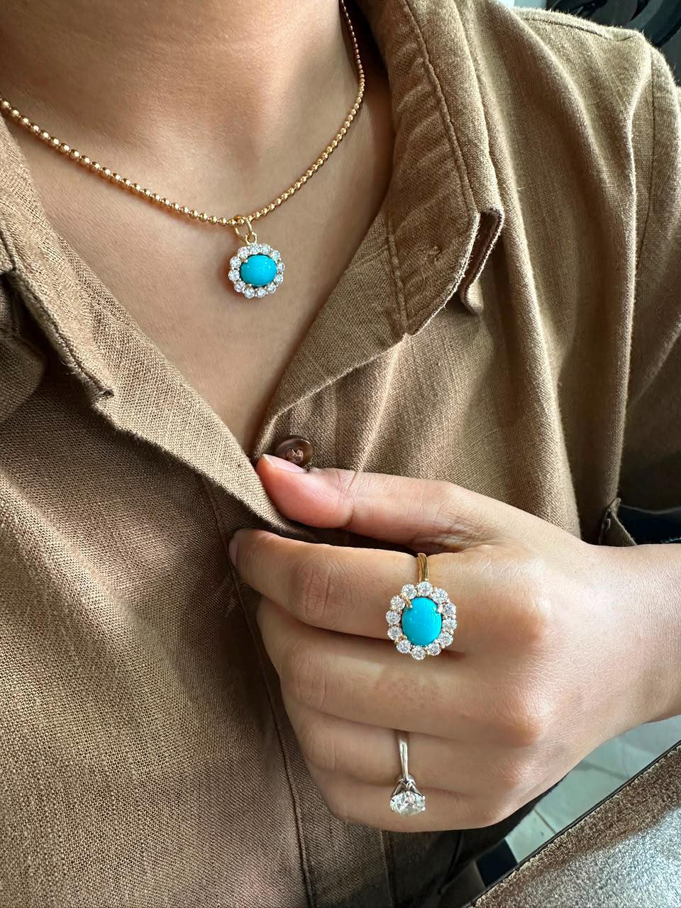 14K Gold Sleeping Beauty Turquoise Pendant, Moissanite Halo Necklace, Fine Jewelry Gift for Her