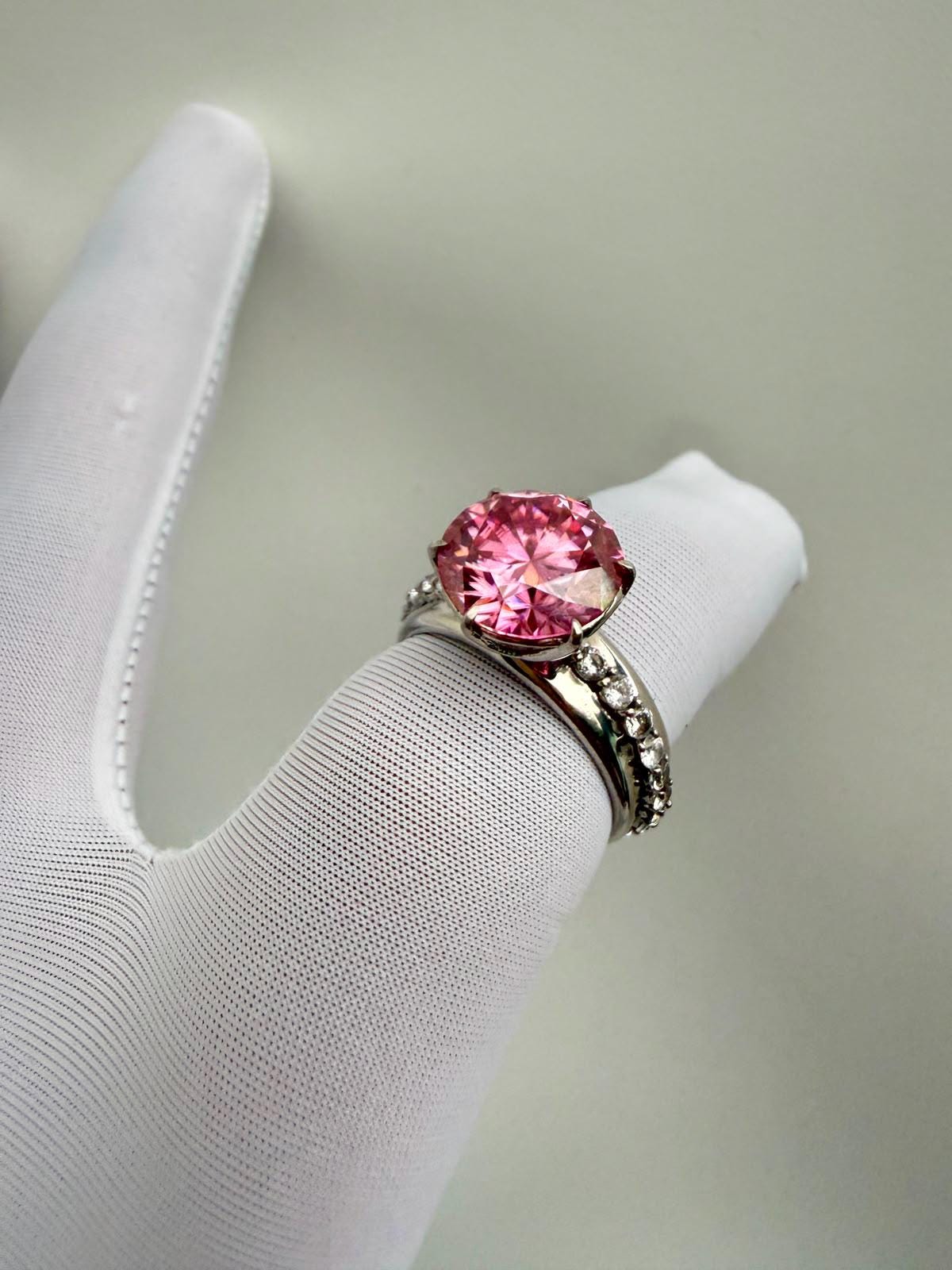 Pink Lotus Crown Engagement Ring | 5 CT Moissanite, 14K White Gold, Chunky Statement Band
