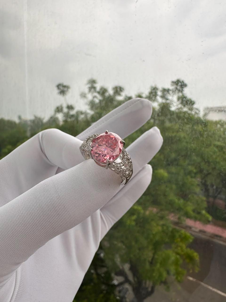 Oval Pink Moissanite Engagement Ring | 6 CT 14K White Gold Bridge Setting