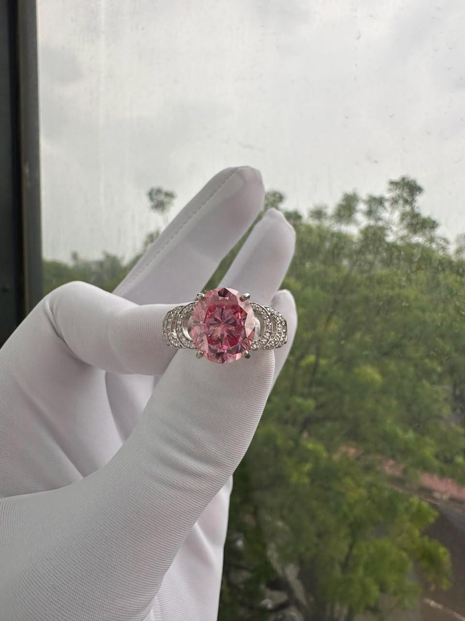 Oval Pink Moissanite Engagement Ring | 6 CT 14K White Gold Bridge Setting