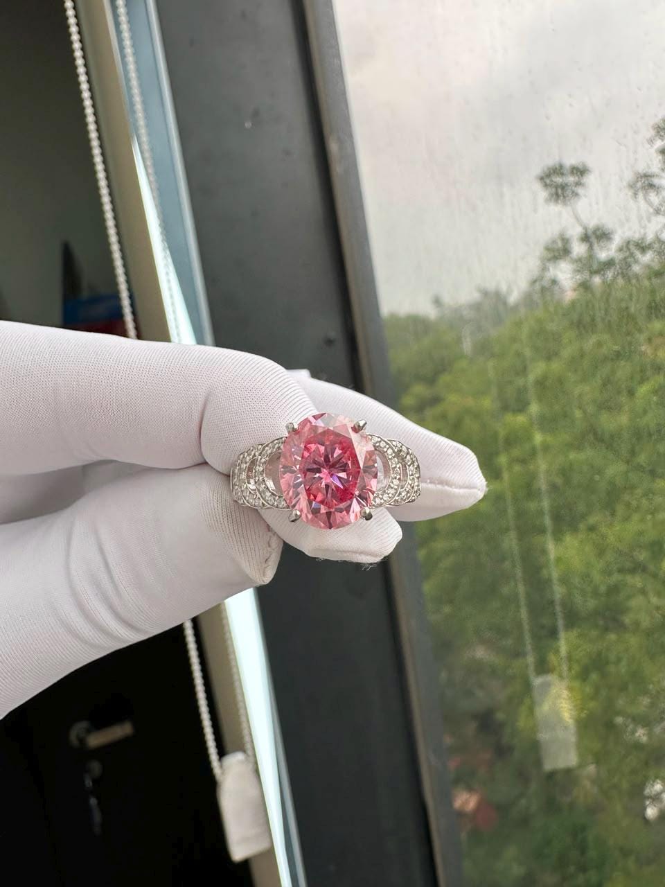 Oval Pink Moissanite Engagement Ring | 6 CT 14K White Gold Bridge Setting