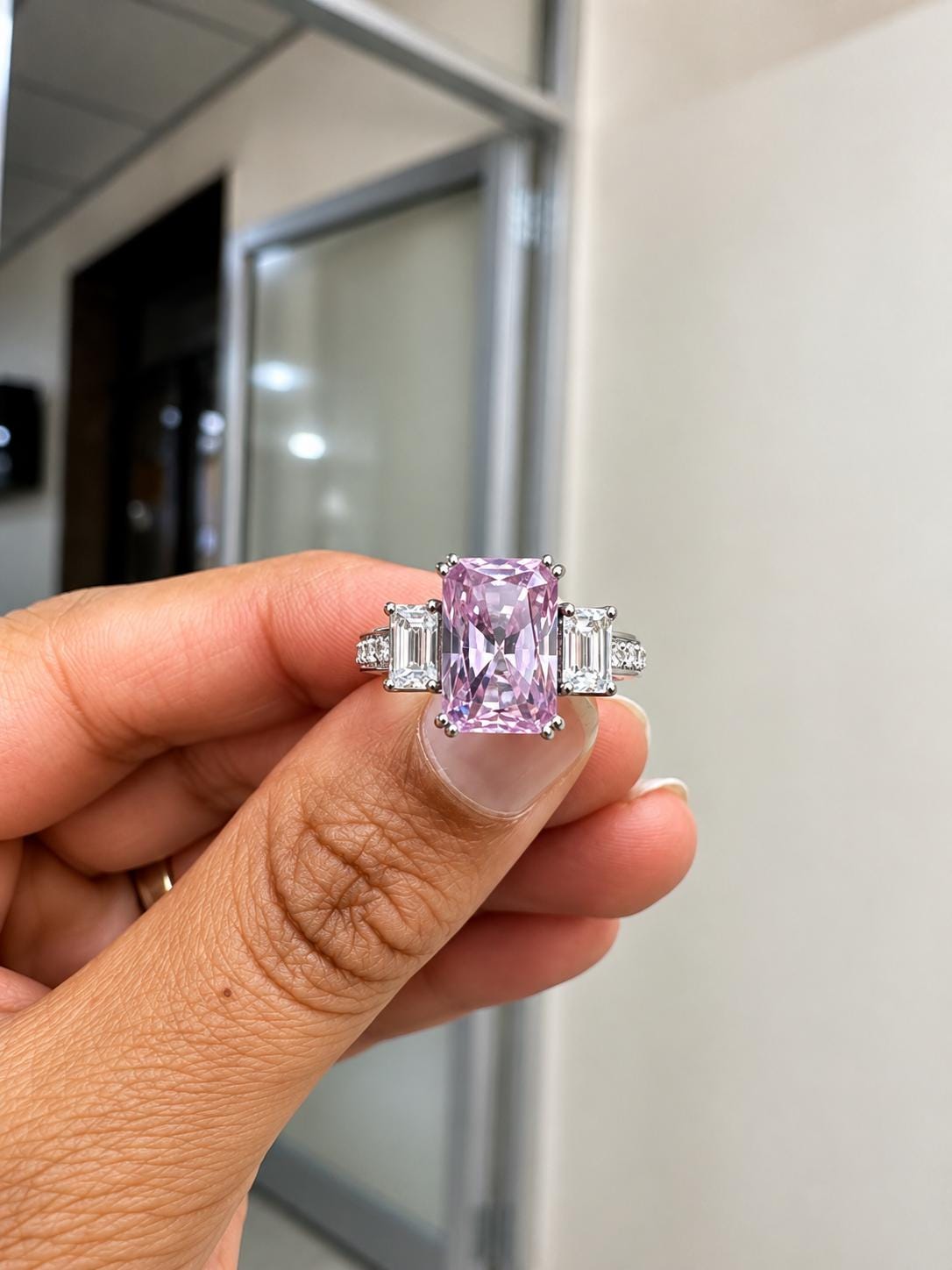 Radiant Lavender Moissanite Engagement Ring | 5 Carat Three Stone 10K White Gold Ring