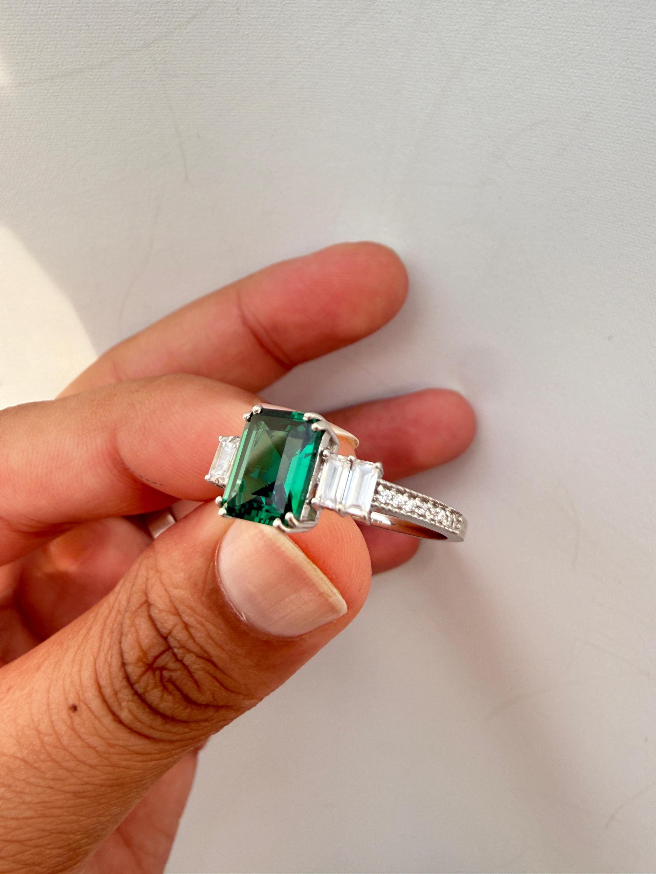 3 CT Emerald Engagement Ring | 14K White Gold Unique Statement Ring, Christmas Gift