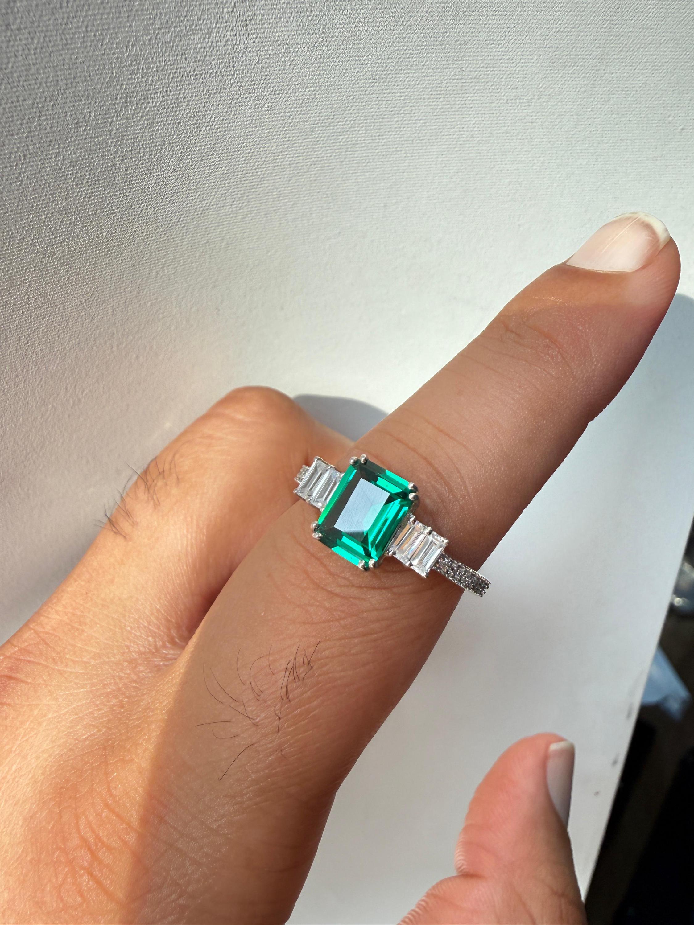 3 CT Emerald Engagement Ring | 14K White Gold Unique Statement Ring, Christmas Gift