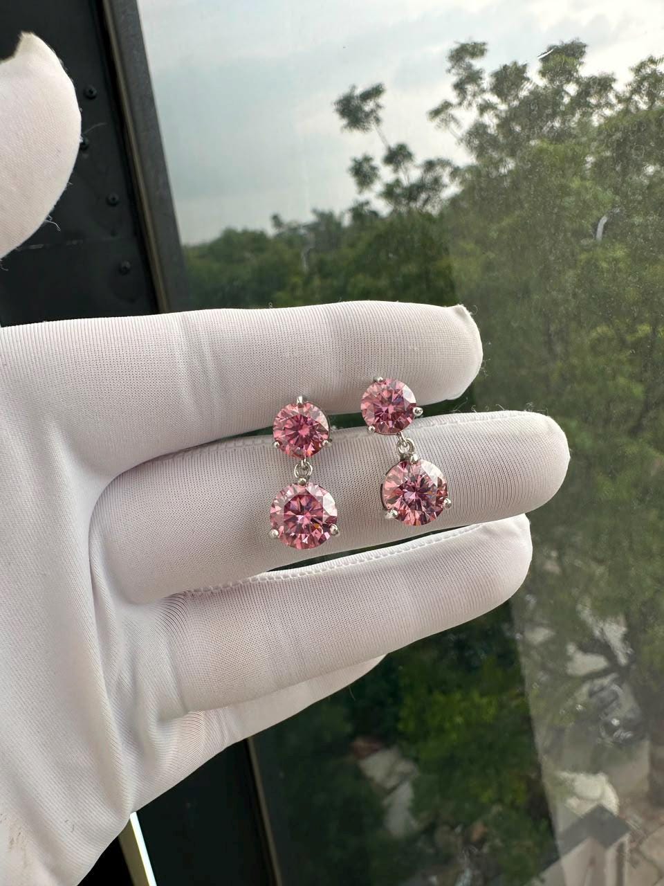 Pink Moissanite Stud Earrings | 14K White Gold, Christmas Gift for her