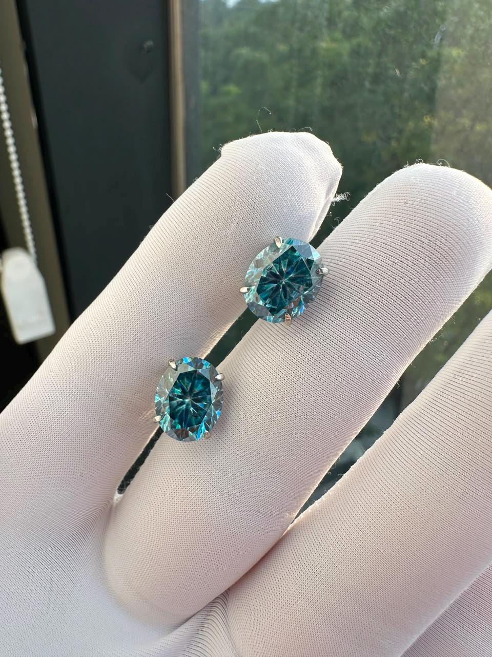 Ice Blue Alexandrite Moissanite Oval Stud Earrings | 14K White Gold, Gift for her
