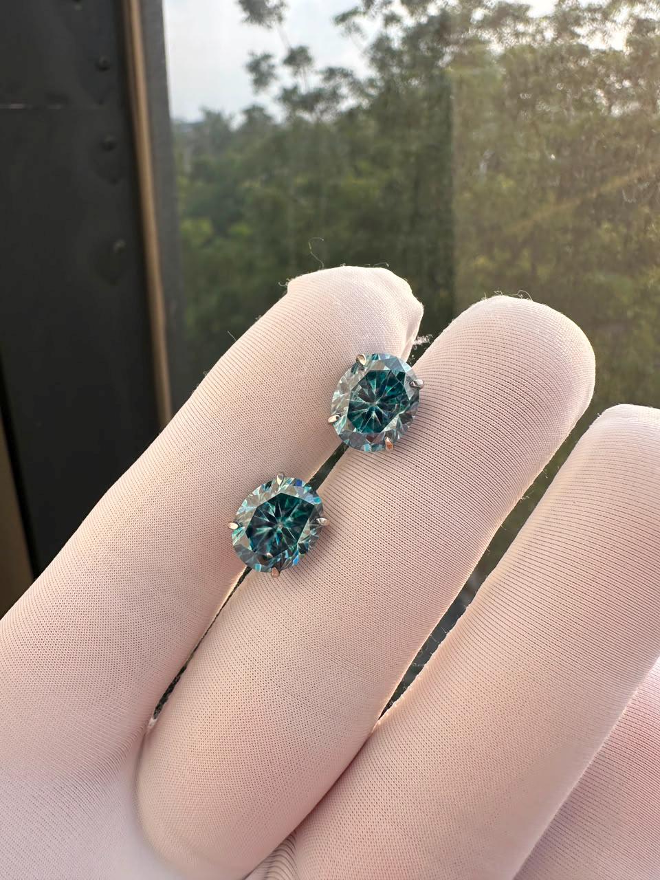 Ice Blue Alexandrite Moissanite Oval Stud Earrings | 14K White Gold, Gift for her