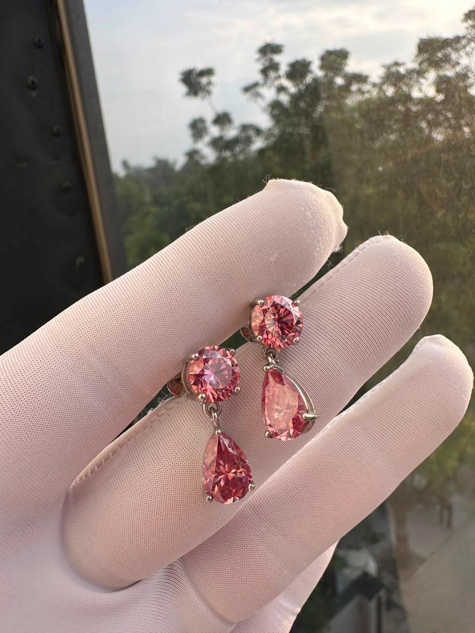 Pink Moissanite Drop Earrings | 14K White Gold Studs | Christmas Gift for Her