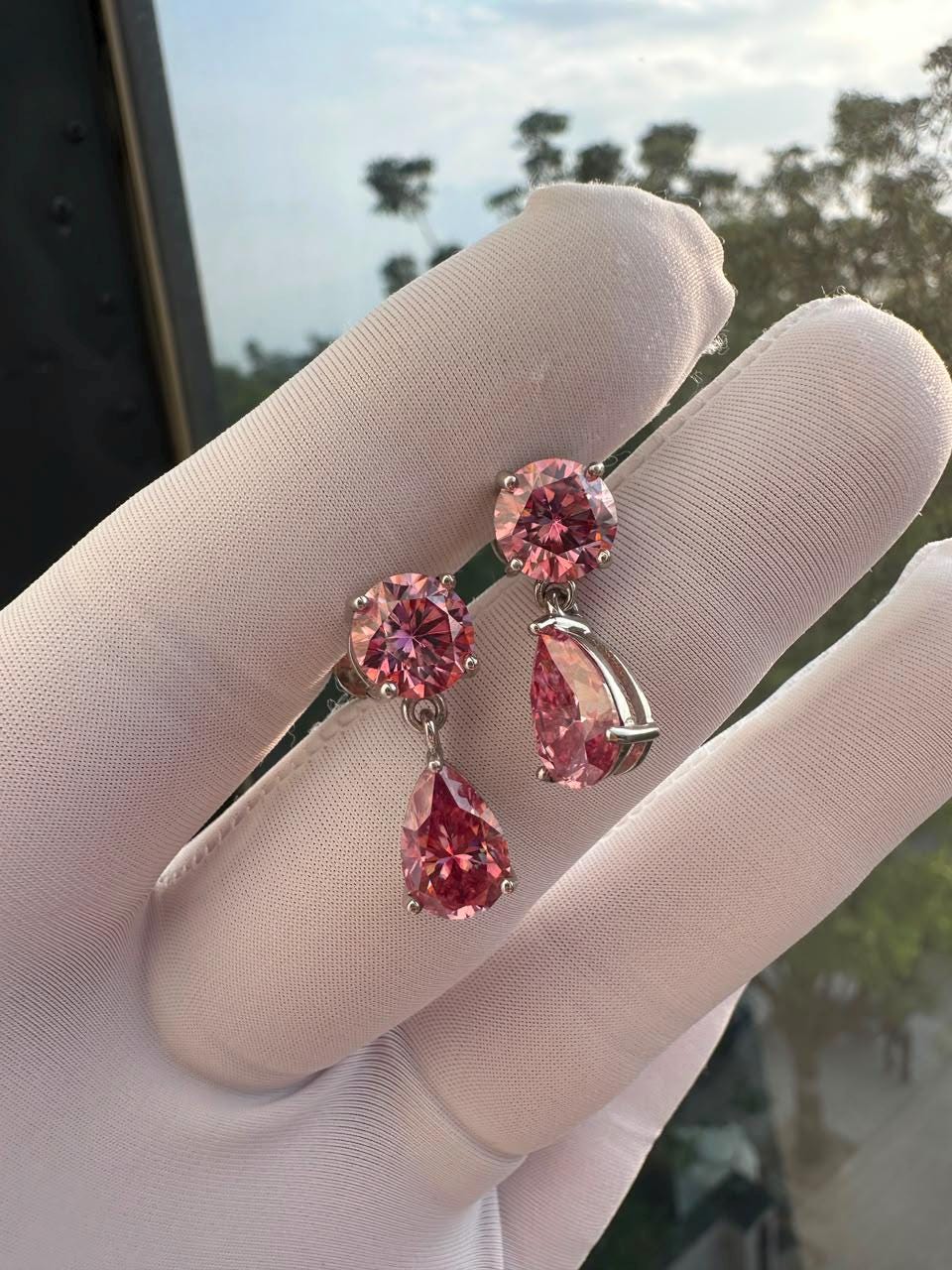 Pink Moissanite Drop Earrings | 14K White Gold Studs | Christmas Gift for Her