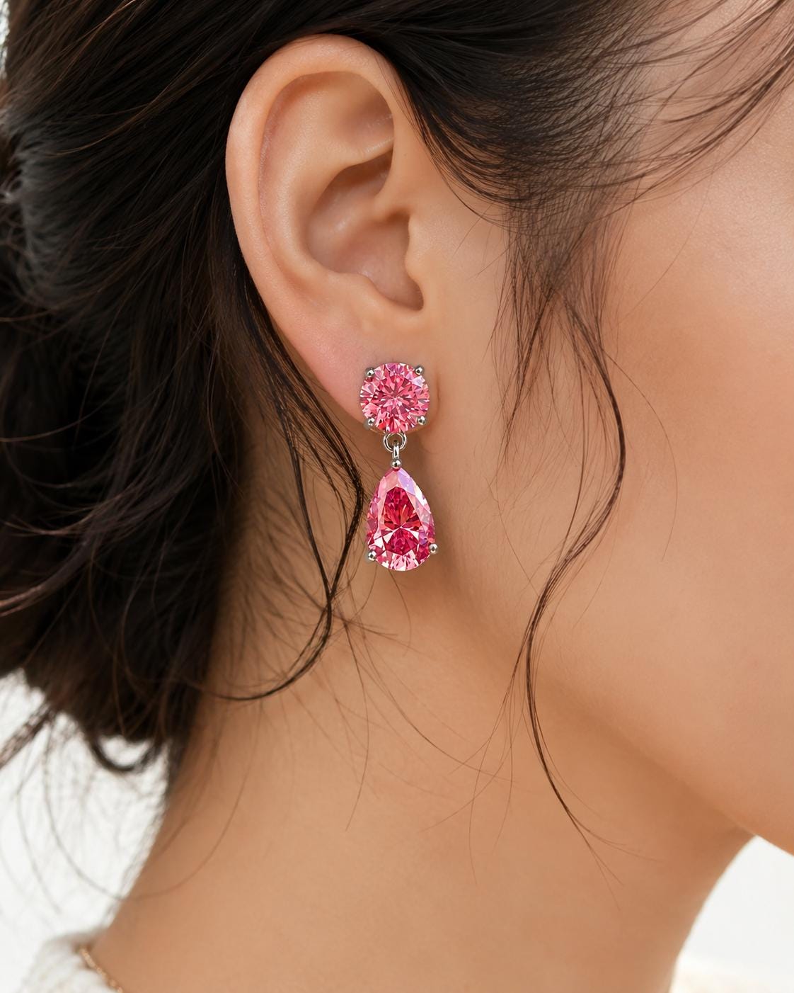 Pink Moissanite Drop Earrings | 14K White Gold Studs | Christmas Gift for Her