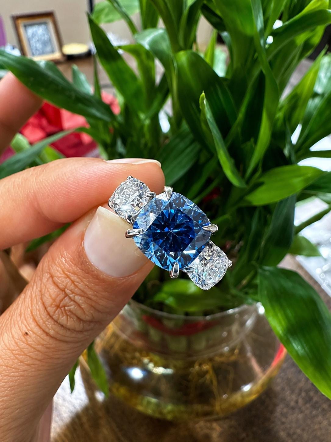 10 Ct Blue Cushion Moissanite Three-Stone Engagement Ring | 14k Gold | Modern Wedding Ring