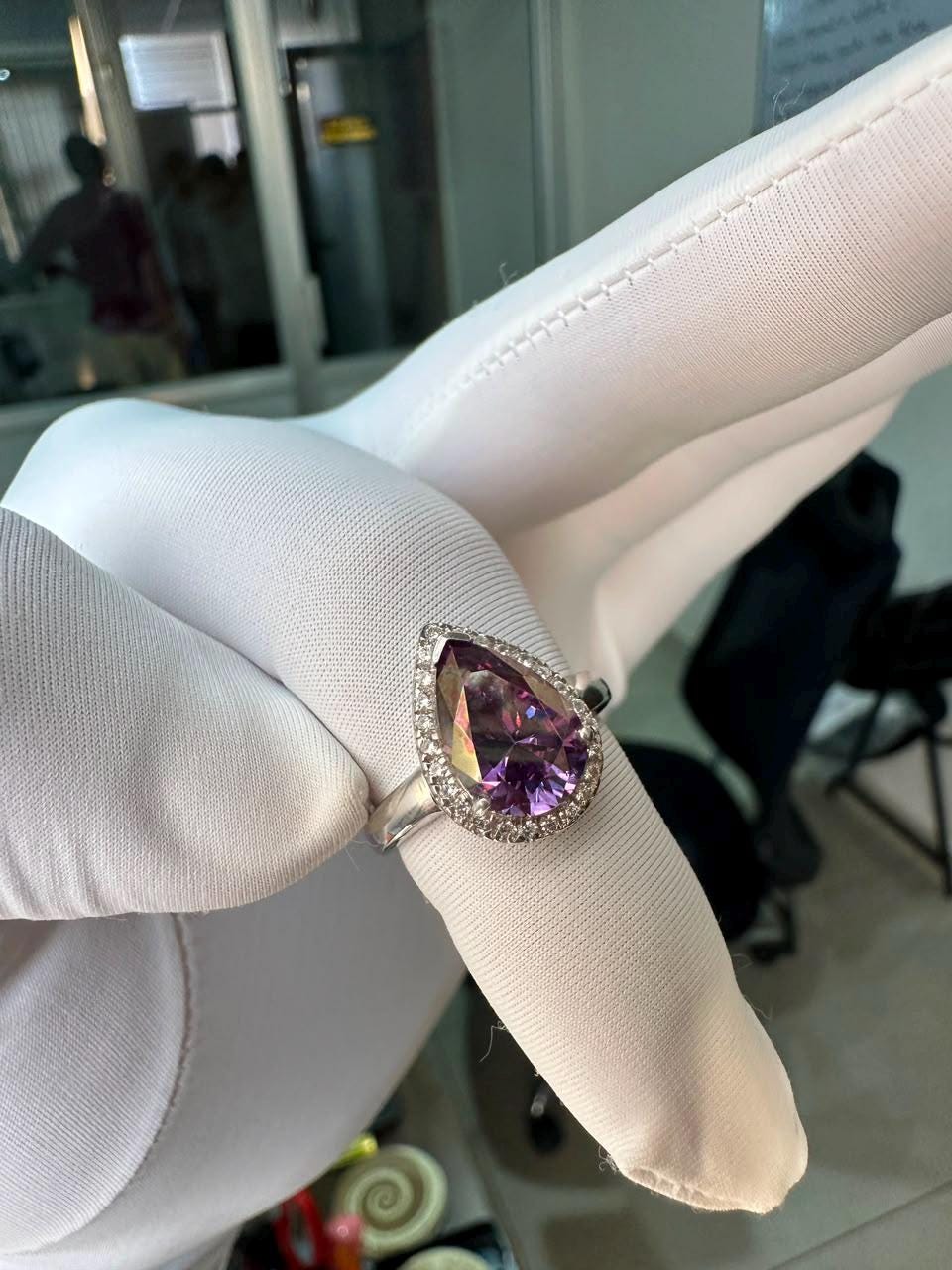 Purple Pear Cut Moissanite Engagement Ring | 14K White Gold Halo Ring | Christmas Gift