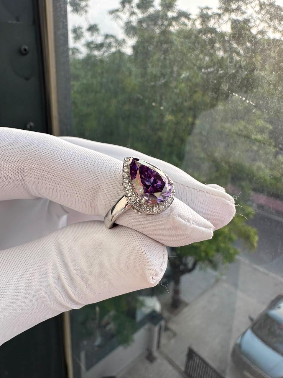 Purple Pear Cut Moissanite Engagement Ring | 14K White Gold Halo Ring | Christmas Gift