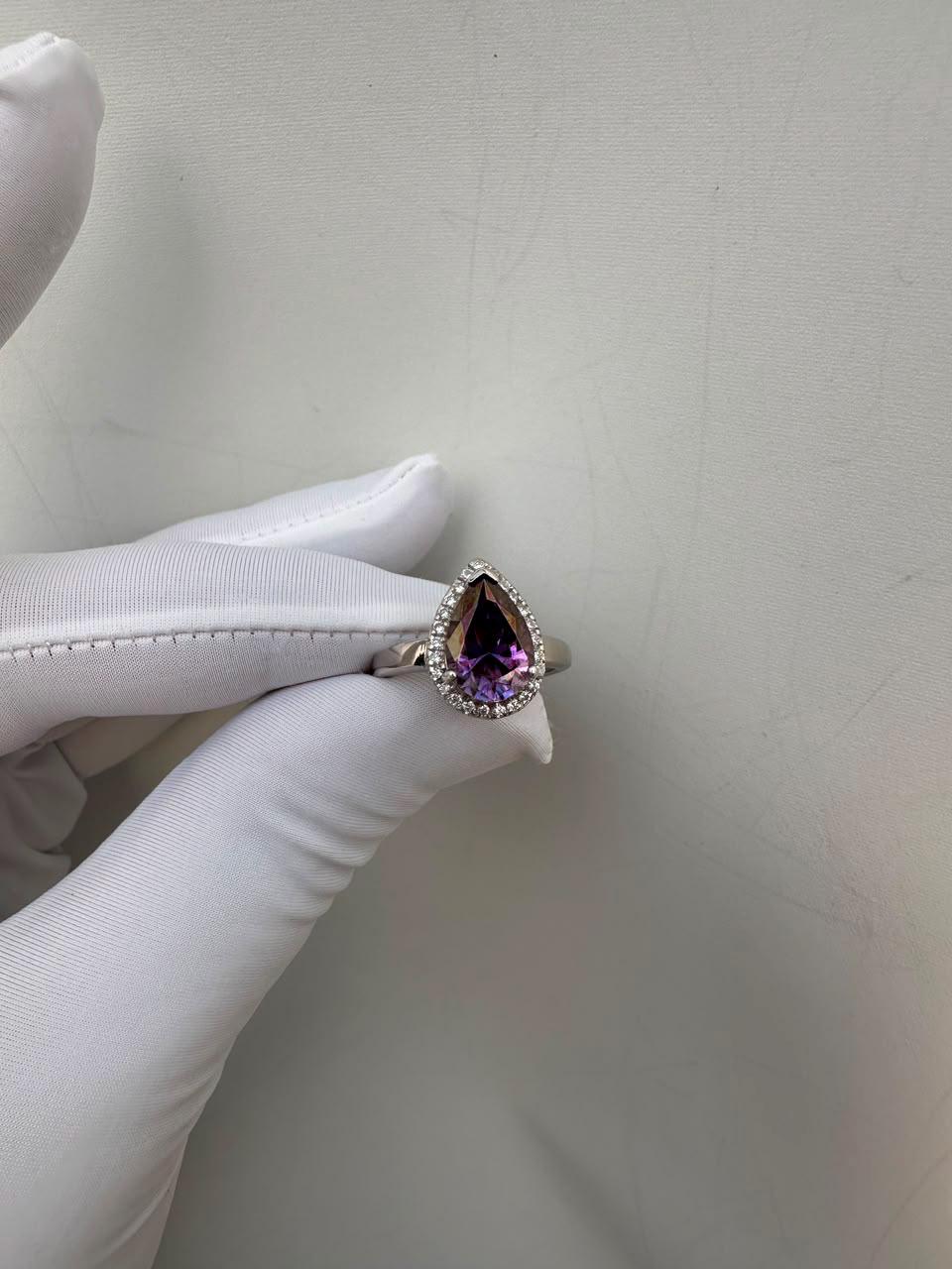 Purple Pear Cut Moissanite Engagement Ring | 14K White Gold Halo Ring | Christmas Gift