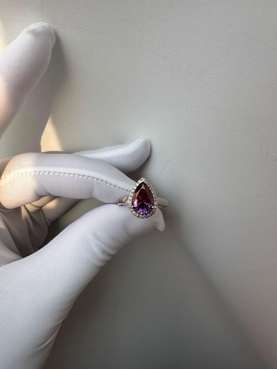 Purple Pear Cut Moissanite Engagement Ring | 14K White Gold Halo Ring | Christmas Gift