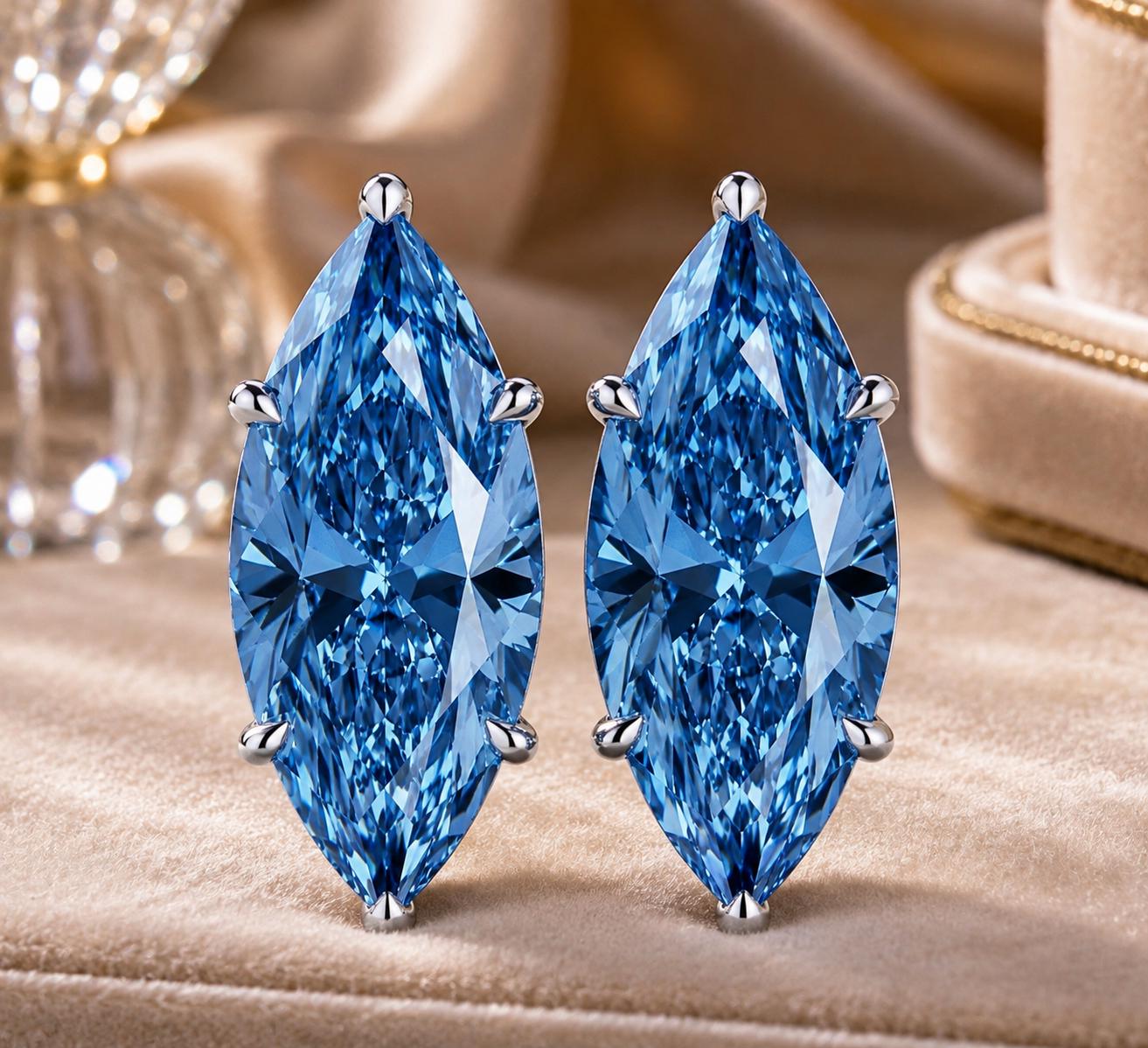 Blue Marquise Moissanite Stud Earrings | 14K White Gold, Statement Jewelry for Gift
