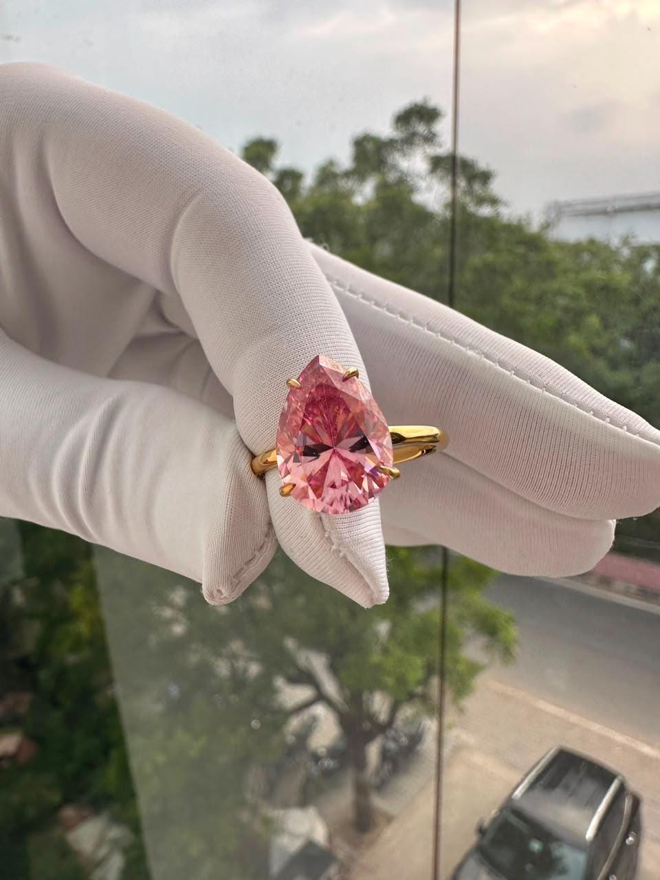 Pink Pear Cut Moissanite Engagement Ring | 14K Yellow Gold Hidden Halo 6 Ct Gemstone