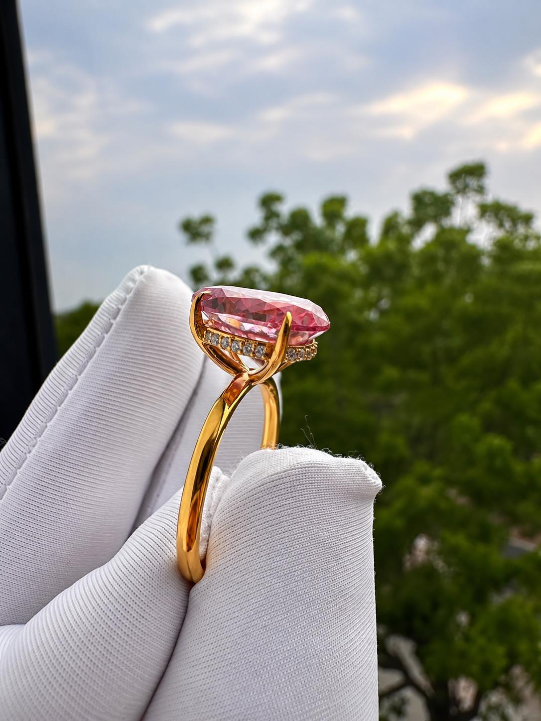 Pink Pear Cut Moissanite Engagement Ring | 14K Yellow Gold Hidden Halo 6 Ct Gemstone