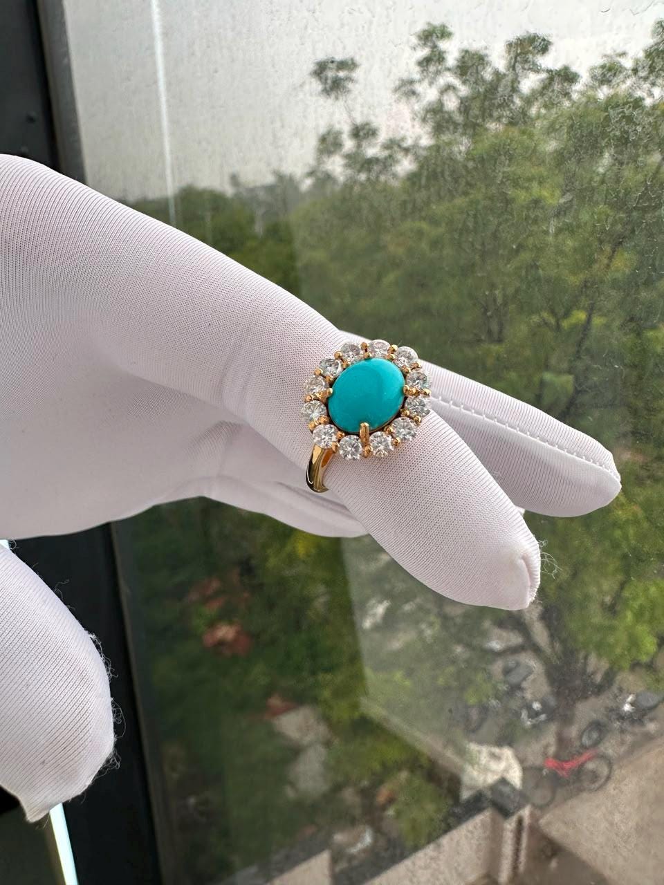 Natural Oval Turquoise Engagement Ring, 14k Yellow Gold, Moissanite Halo Accents