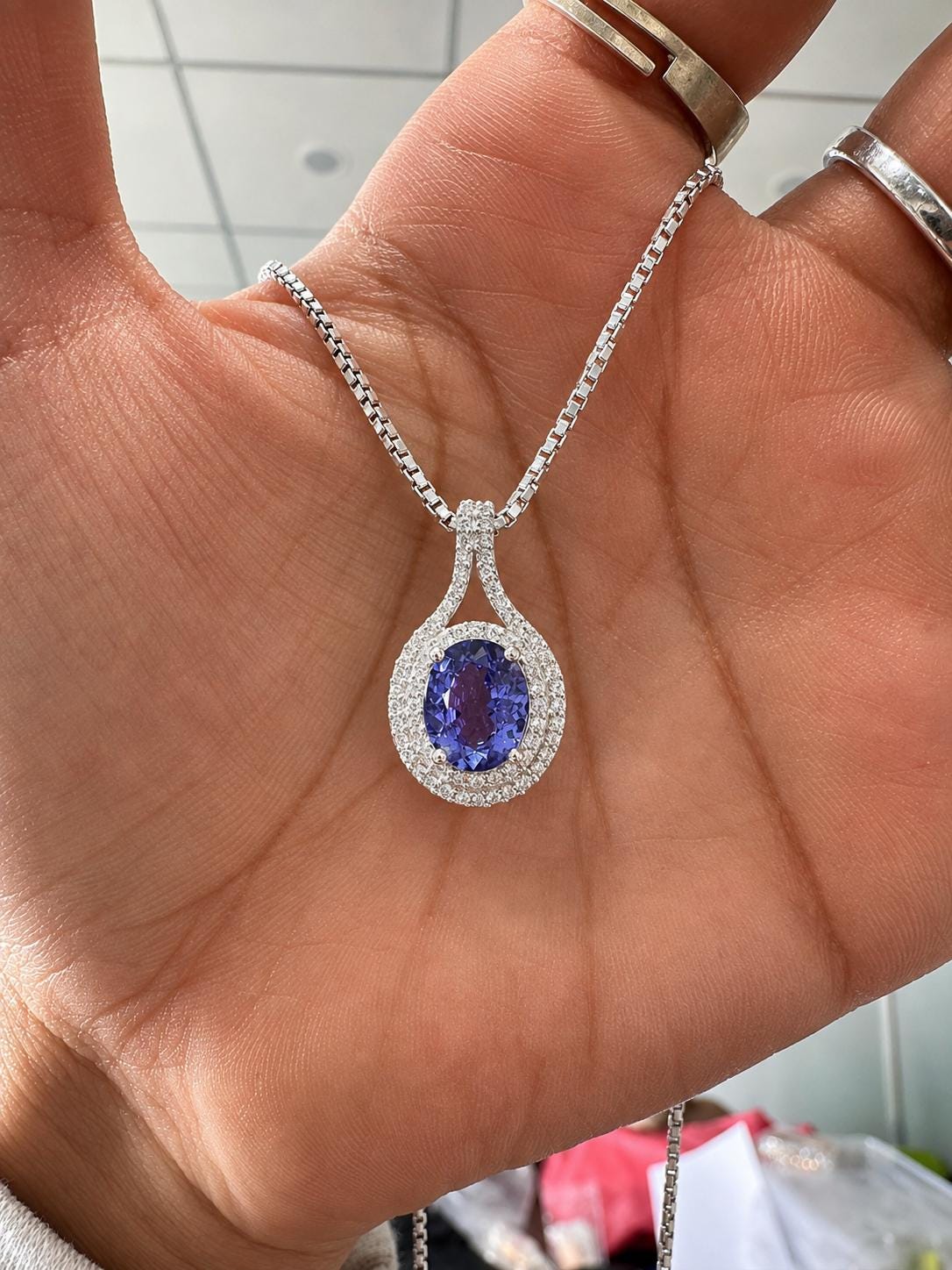 Rare Blue Tanzanite Diamond Halo Pendant Necklace | 14k White Gold, 3 CT Oval Tanzanite