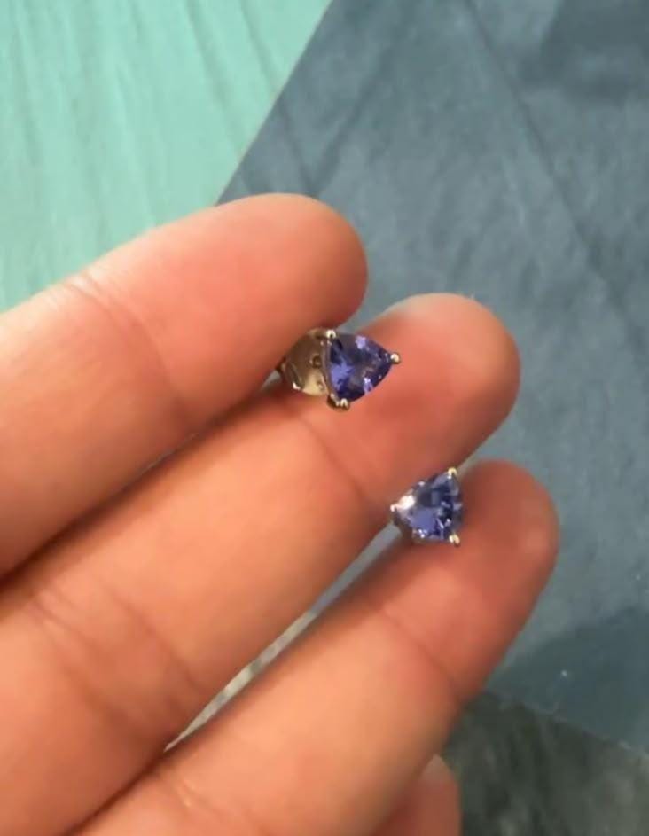 Trillion Cut Tanzanite Stud Earrings | 14K White Gold Dainty Gemstone Earrings | Gift for Him or Her