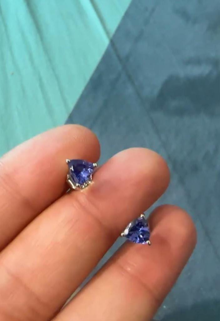 Trillion Cut Tanzanite Stud Earrings | 14K White Gold Dainty Gemstone Earrings | Gift for Him or Her