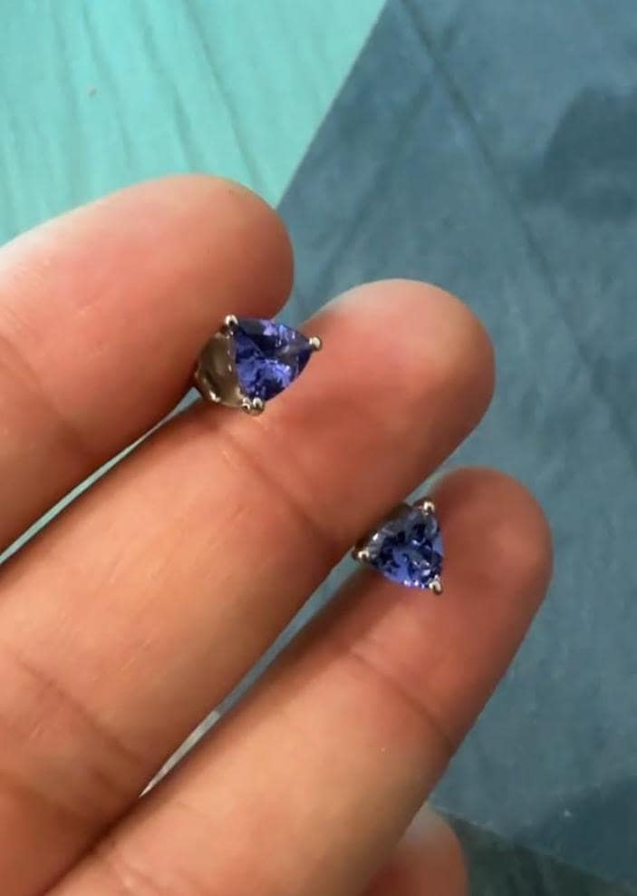 Trillion Cut Tanzanite Stud Earrings | 14K White Gold Dainty Gemstone Earrings | Gift for Him or Her