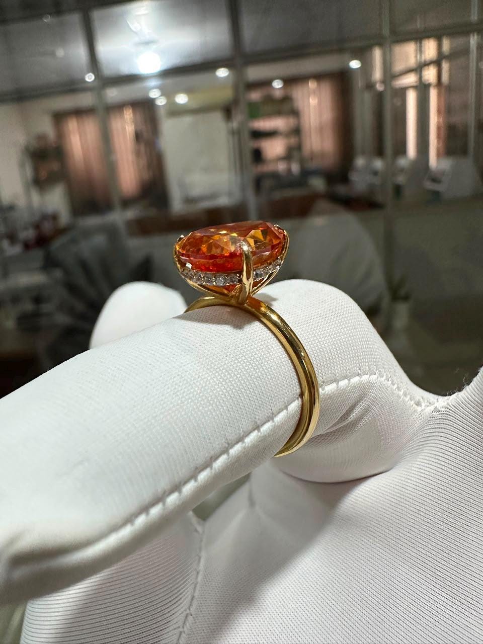 Ceylon Orange Pear Cut Moissanite Ring | 6 Ct Orange Gemstone Ring | 14K Yellow Gold Hidden Halo Ring | Unique Bridal Promise Ring