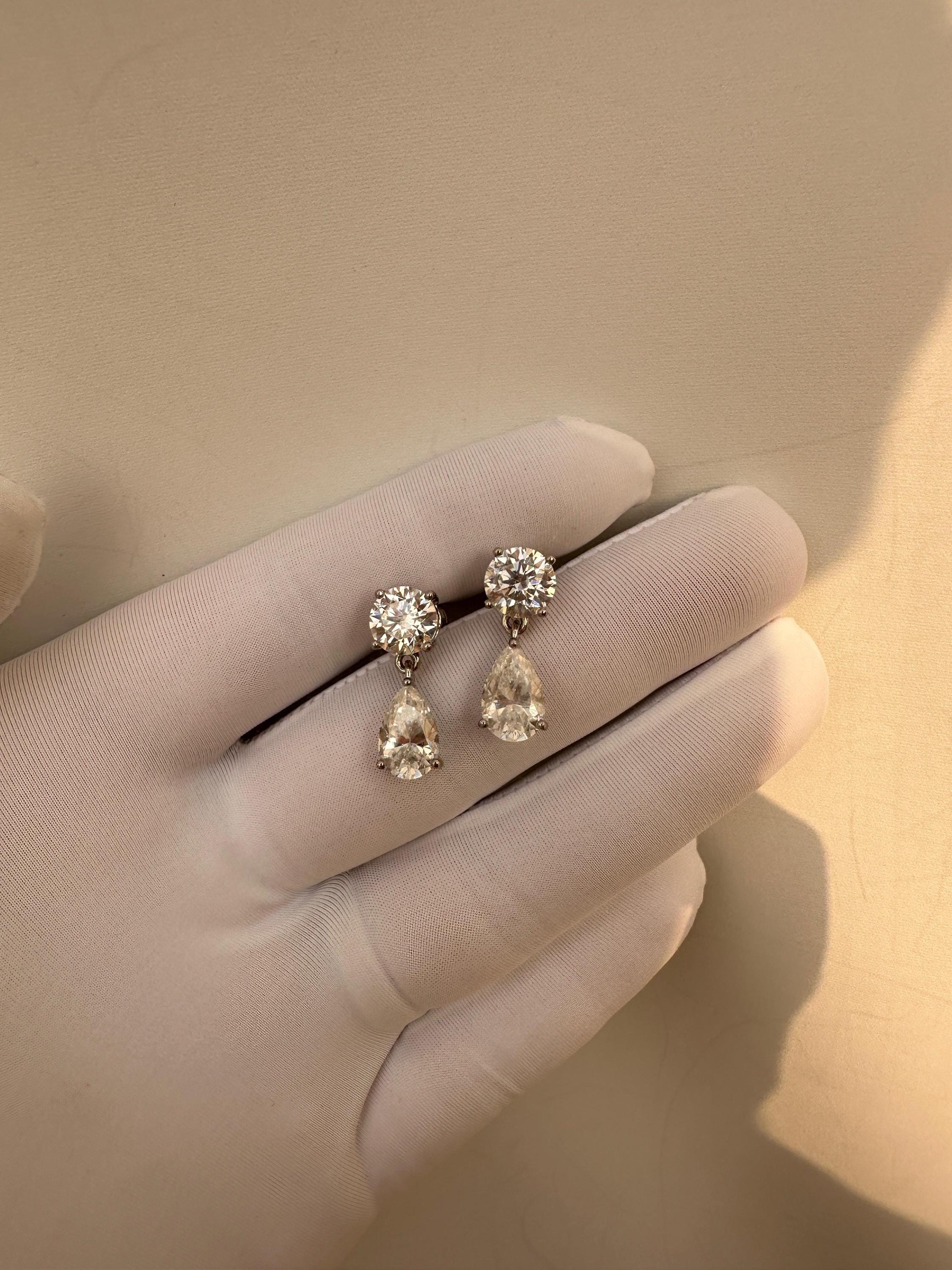 Pear & Round Moissanite Drop Earrings | 14K White Gold Stud Earrings | Christmas Gift for Her