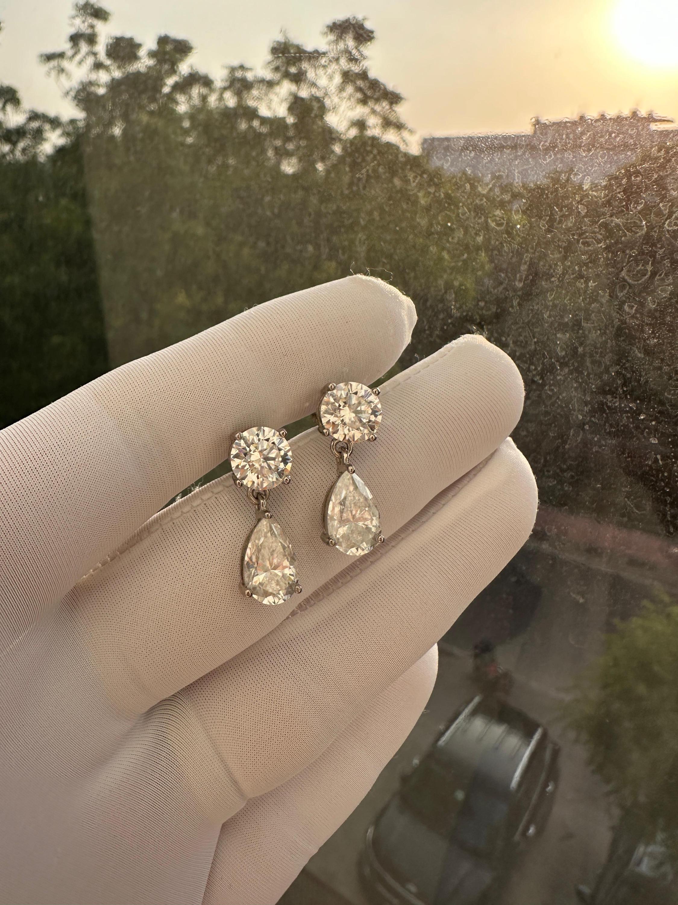 Pear & Round Moissanite Drop Earrings | 14K White Gold Stud Earrings | Christmas Gift for Her