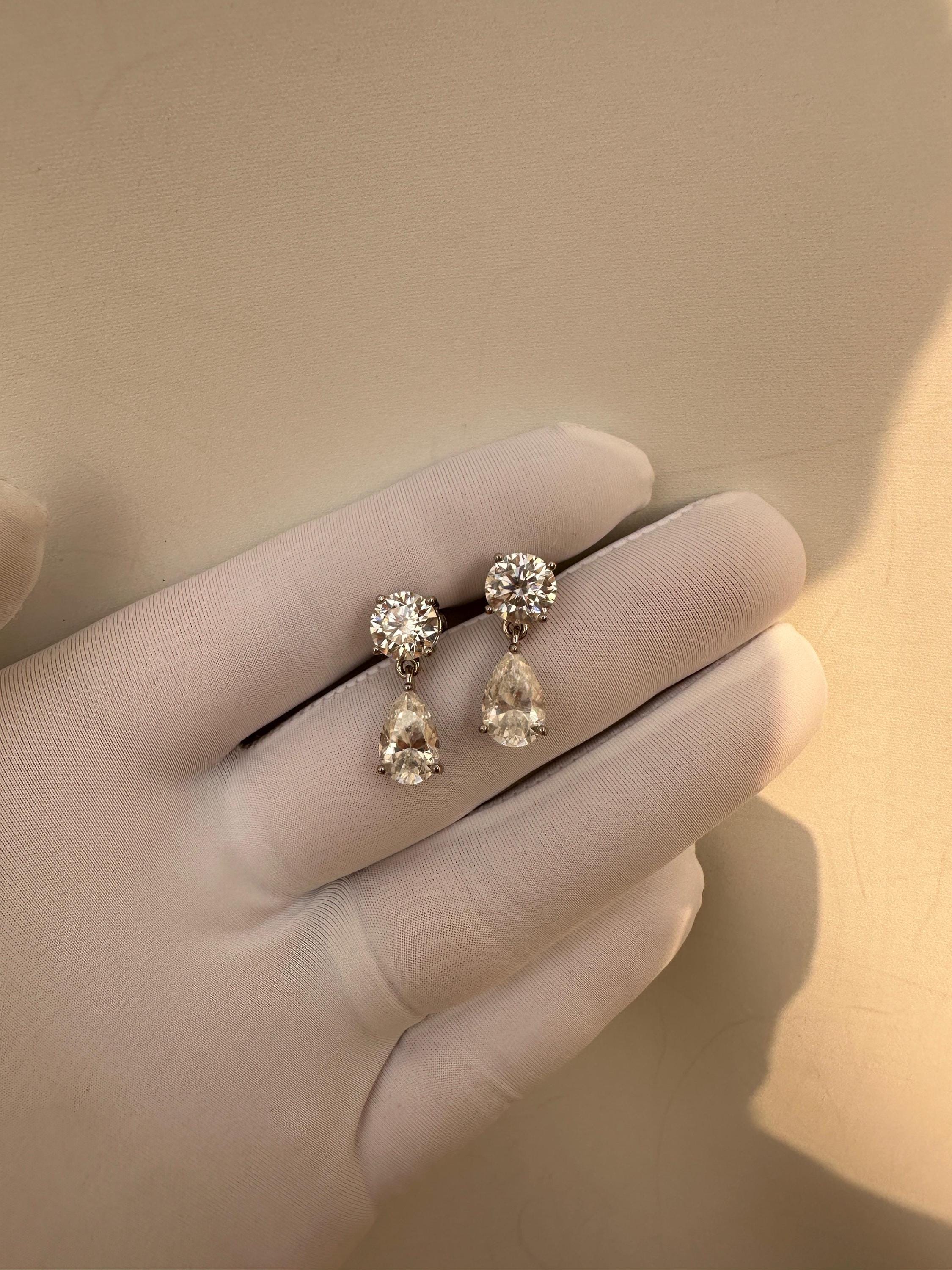 Pear & Round Moissanite Drop Earrings | 14K White Gold Stud Earrings | Christmas Gift for Her
