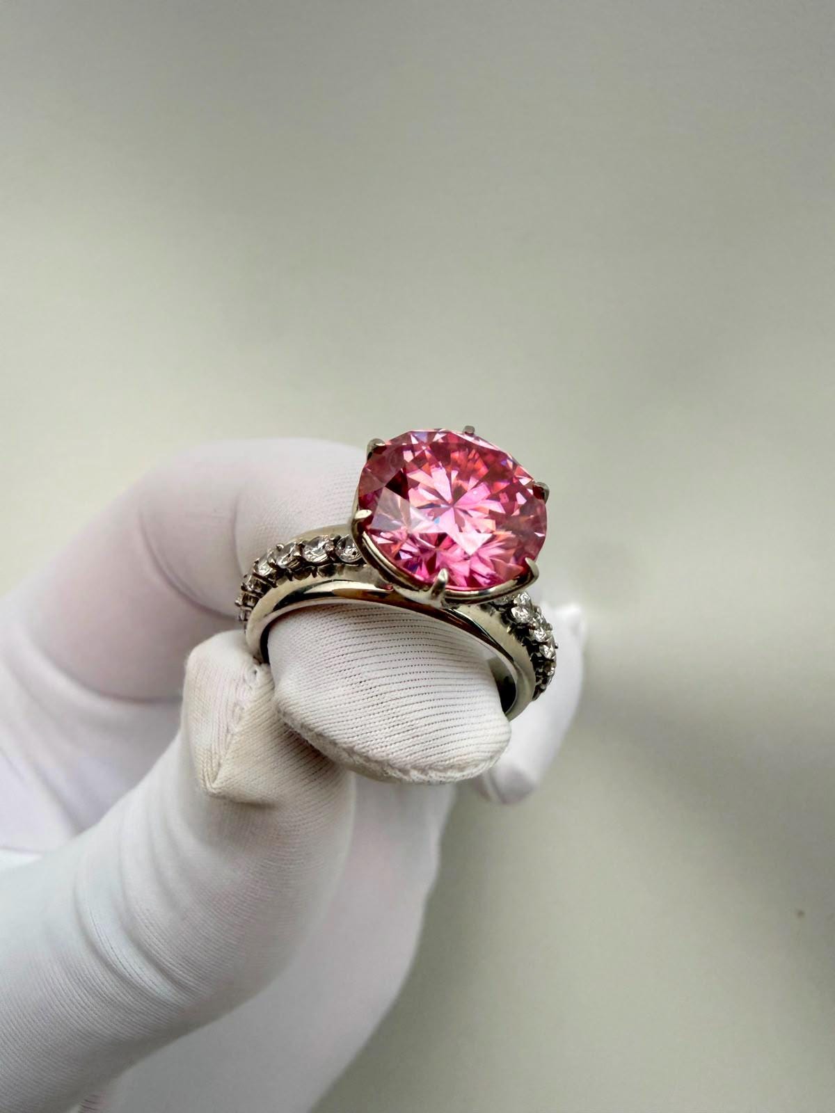 Pink Lotus Crown Engagement Ring | 5 CT Moissanite, 14K White Gold, Chunky Statement Band
