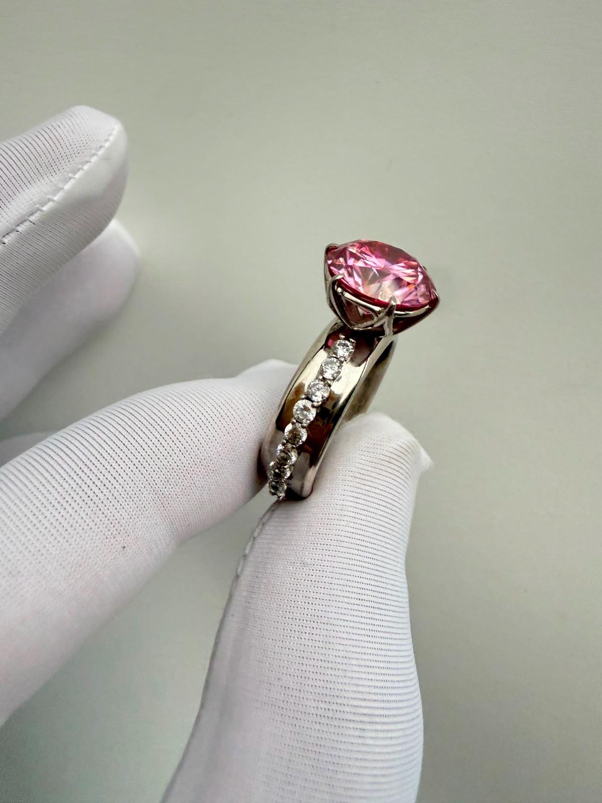 Pink Lotus Crown Engagement Ring | 5 CT Moissanite, 14K White Gold, Chunky Statement Band