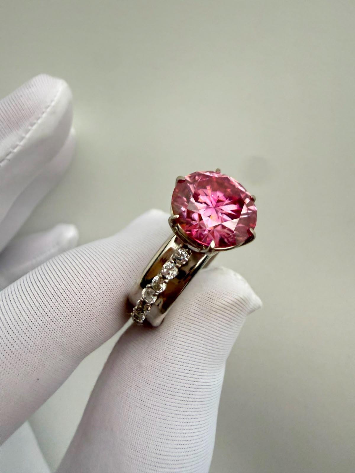 Pink Lotus Crown Engagement Ring | 5 CT Moissanite, 14K White Gold, Chunky Statement Band