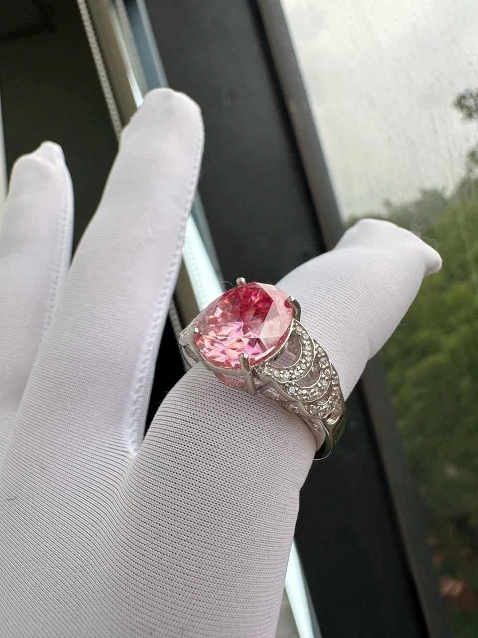 Oval Pink Moissanite Engagement Ring | 6 CT 14K White Gold Bridge Setting