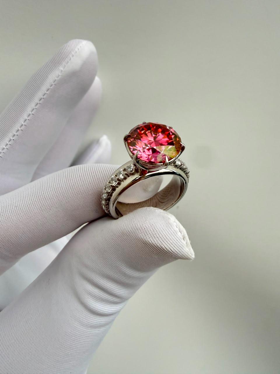 Royal Pink Moissanite Engagement Ring | 5 CT Lotus Crown, 14K White Gold