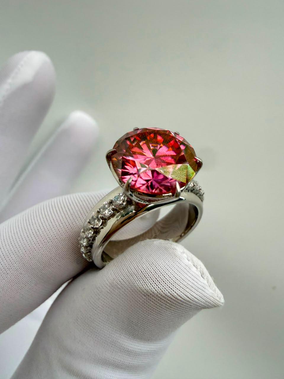 Royal Pink Moissanite Engagement Ring | 5 CT Lotus Crown, 14K White Gold
