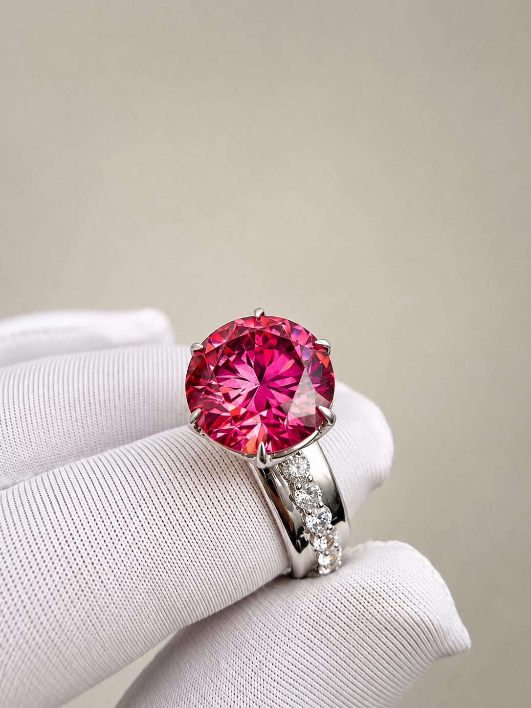 Royal Pink Moissanite Engagement Ring | 5 CT Lotus Crown, 14K White Gold