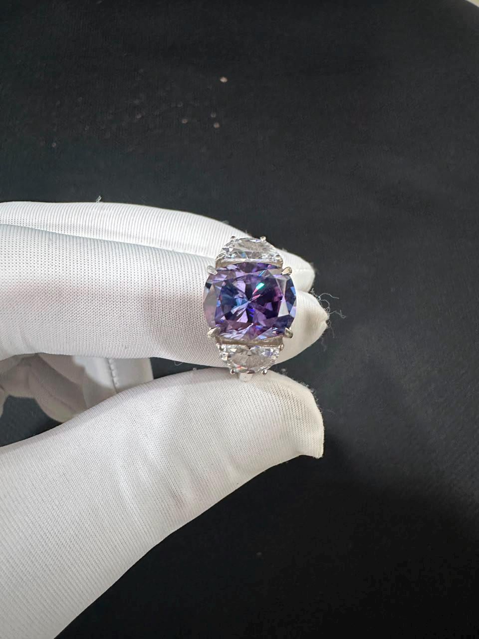 Purple Moissanite Engagement Ring | 6 CT Cushion Cut 14K White Gold Ring | Gift for Her