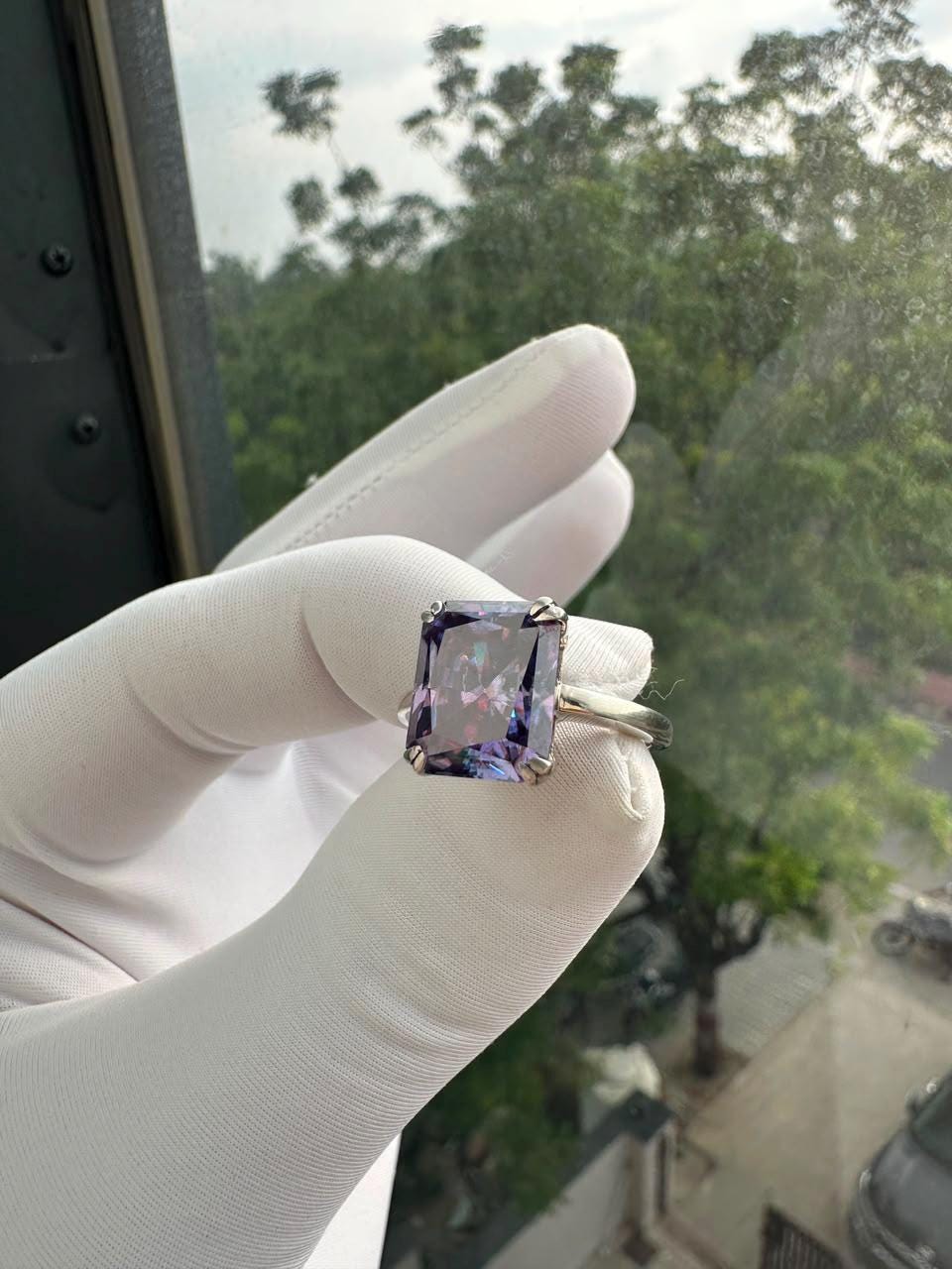 Purple Moissanite Engagement Ring | 6 CT Radiant Cut 14K White Gold Solitaire