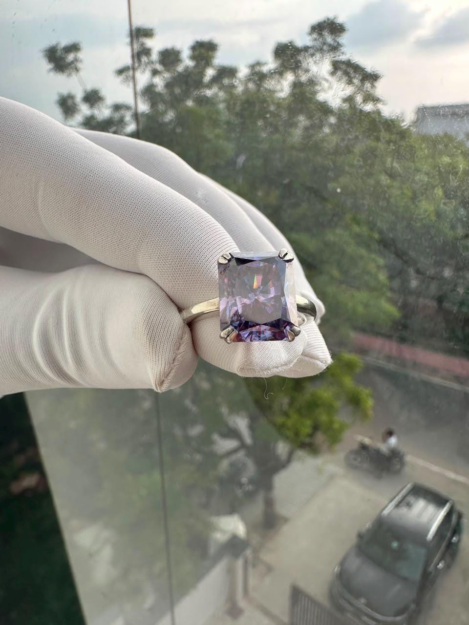 Purple Moissanite Engagement Ring | 6 CT Radiant Cut 14K White Gold Solitaire