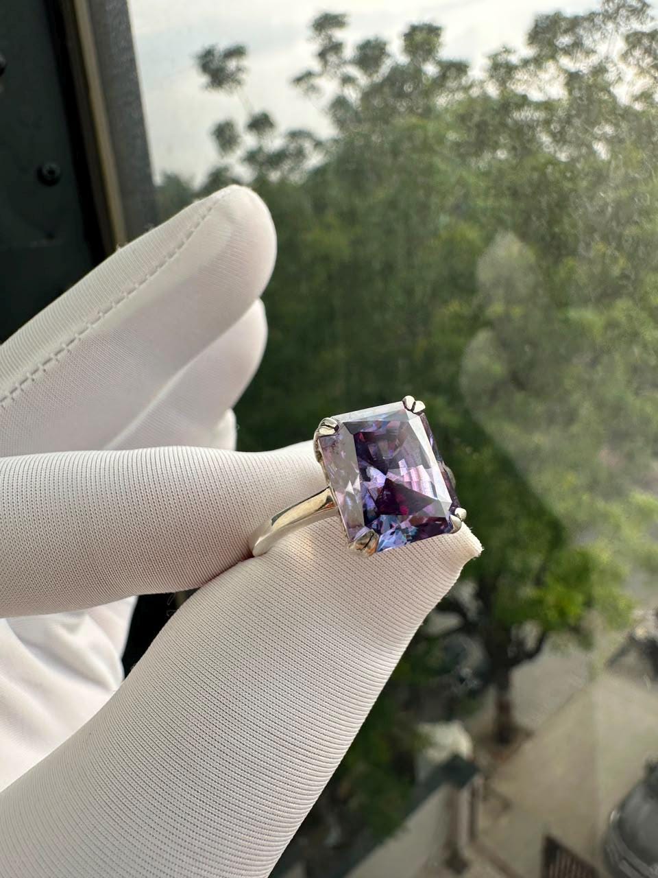 Purple Moissanite Engagement Ring | 6 CT Radiant Cut 14K White Gold Solitaire
