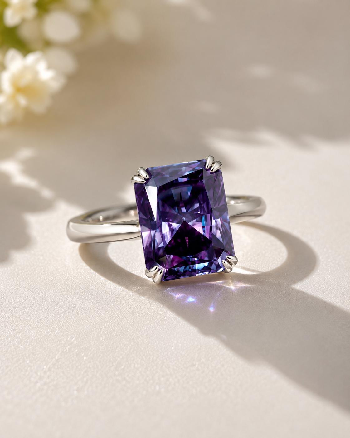 Purple Moissanite Engagement Ring | 6 CT Radiant Cut 14K White Gold Solitaire