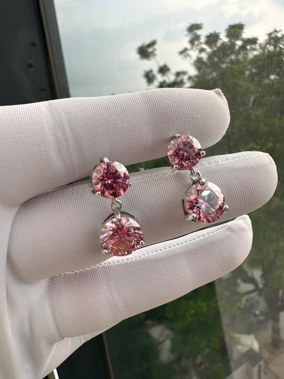 Pink Moissanite Stud Earrings | 14K White Gold, Christmas Gift for her