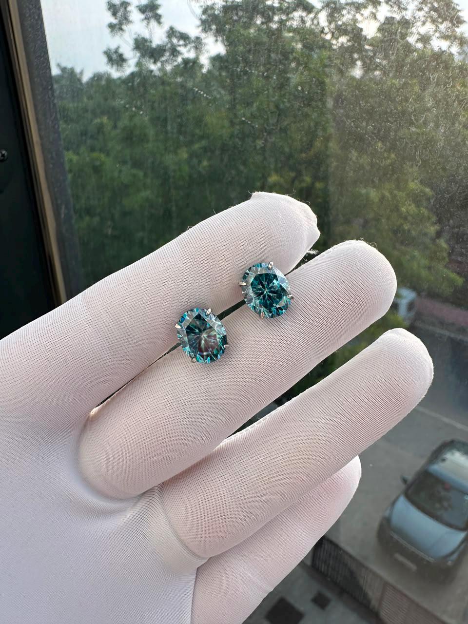 Ice Blue Alexandrite Moissanite Oval Stud Earrings | 14K White Gold, Gift for her