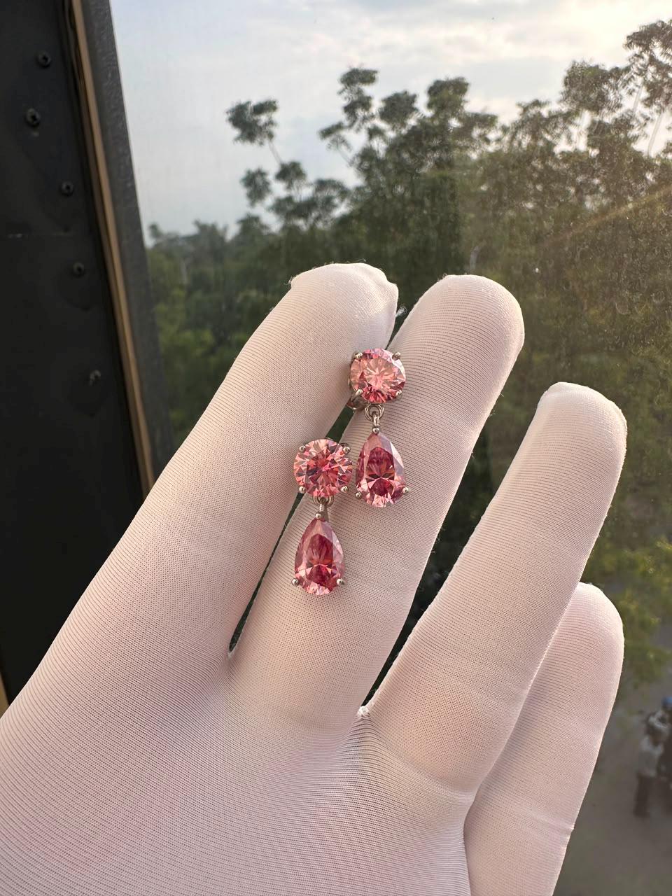 Pink Moissanite Drop Earrings | 14K White Gold Studs | Christmas Gift for Her